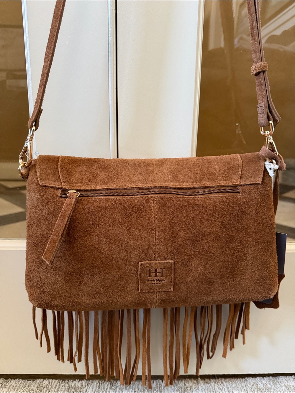 Haute Hippie Women's Tan Genuine Suede Eyelet Fringe Flap Envelope Crossbody Bag - Picture 4 of 7